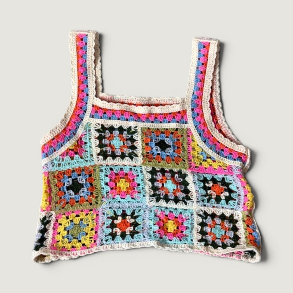 Multicolor Crochet Granny Square Crop Top Boho Festival Sleeveless Tank